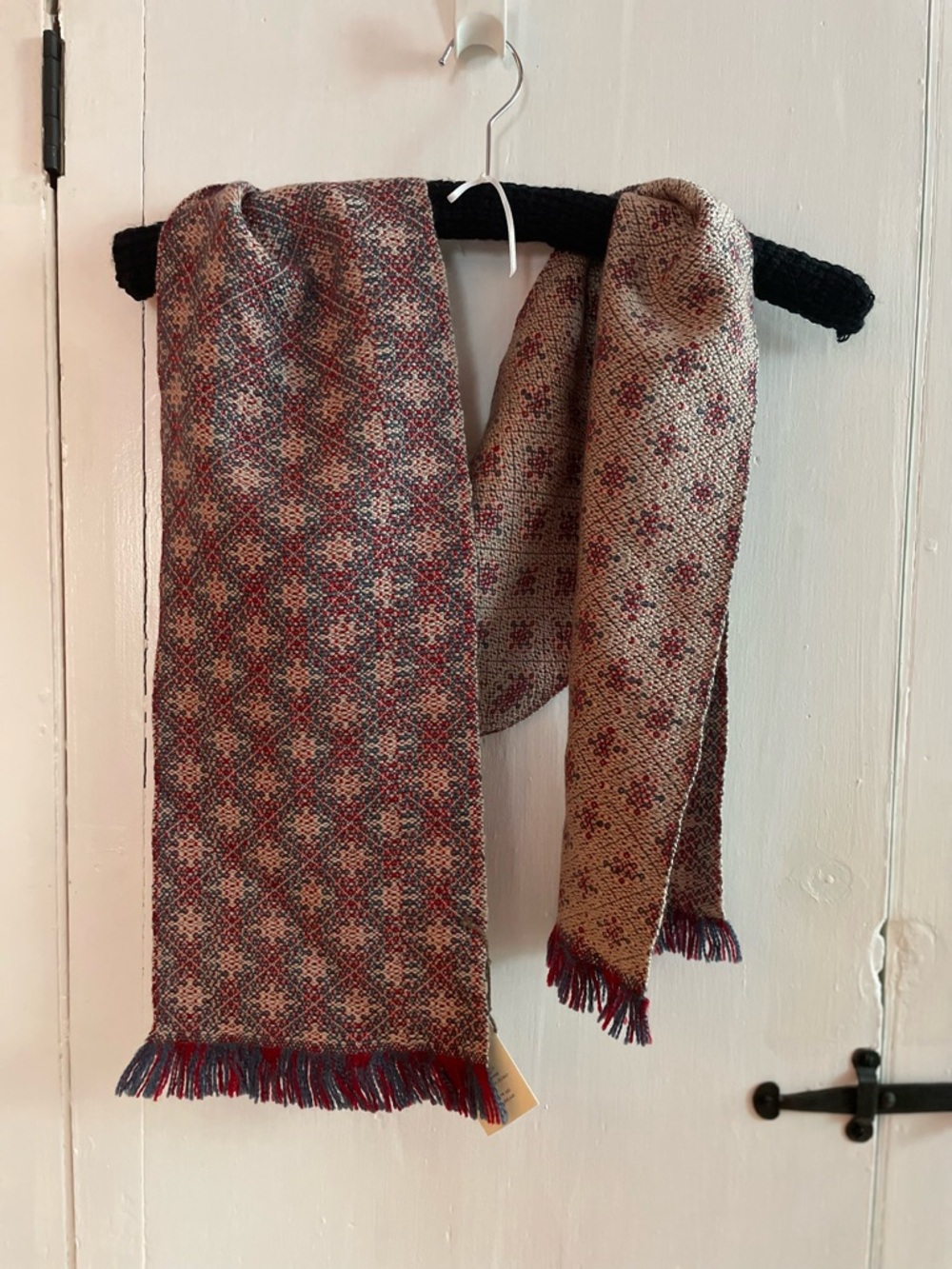 Hand Woven Merino Wool Blend Scarf 68"x8" NWT Burgundy & Blue Intricate Pattern